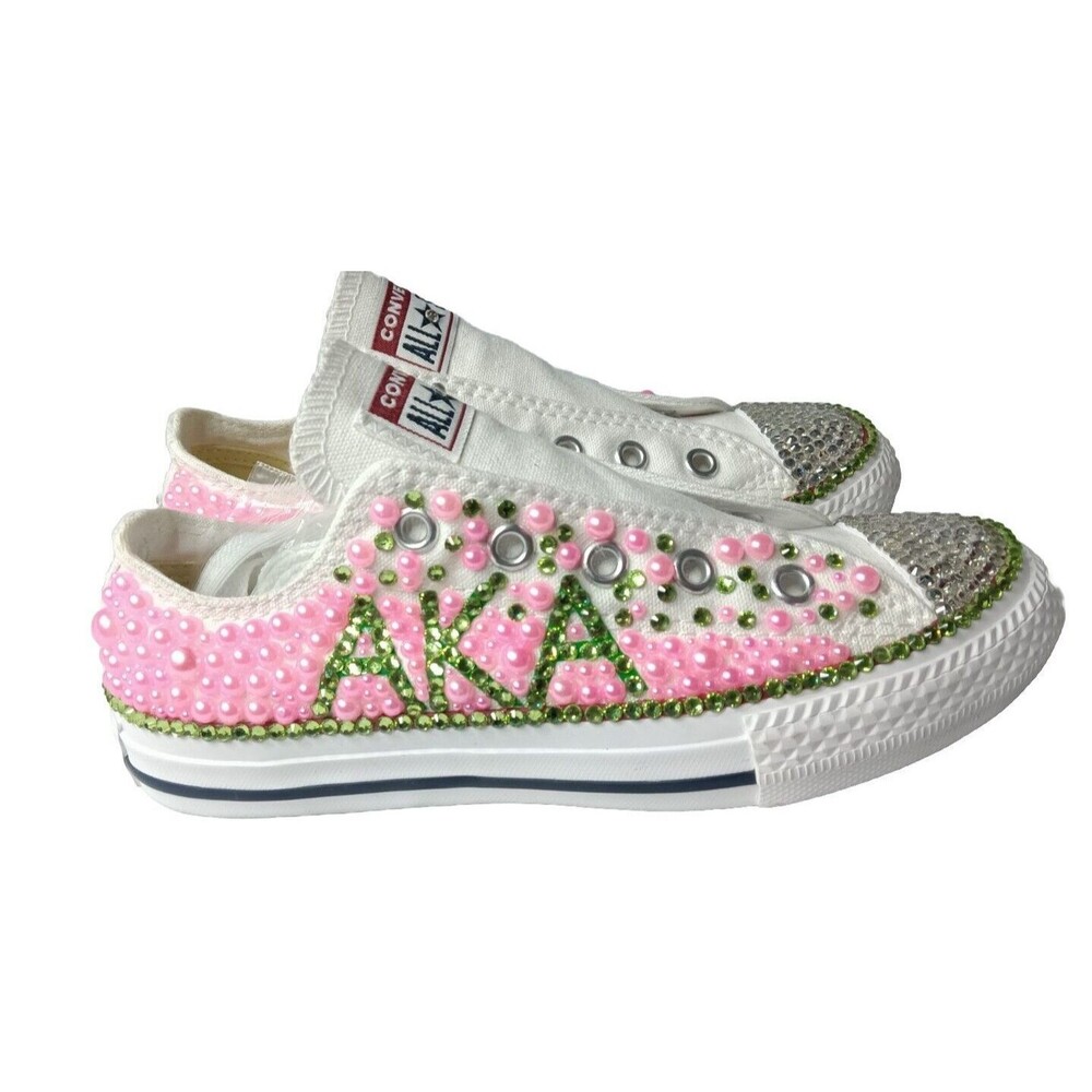 Alpha Kappa Alpha Bling Sneakers Custom Converse Beads Rhinestones Girls Sz 13
